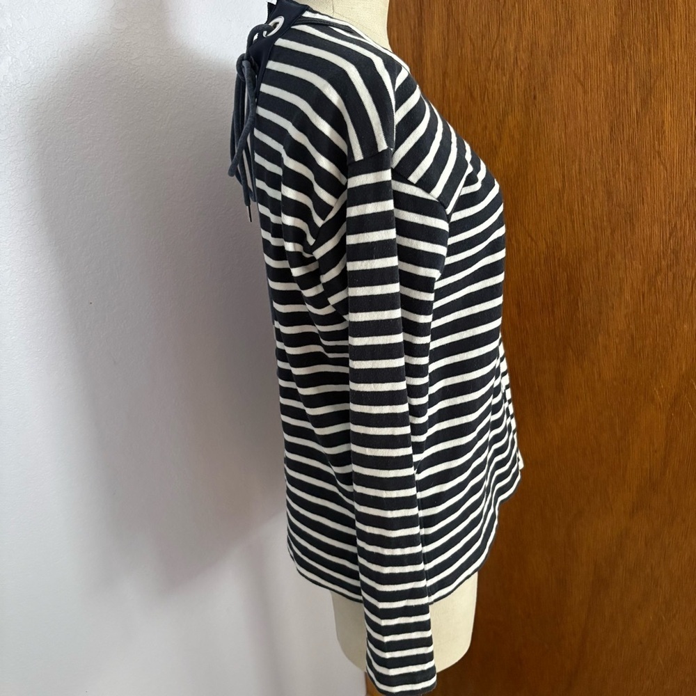 SACAI sz 2 M Striped Long Sleeve Tshirt Lace Back Navy Blue White - Picture 5 of 9
